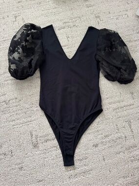 Zara Black One-Piece Bodysuit with Sheer Puff Sleeves